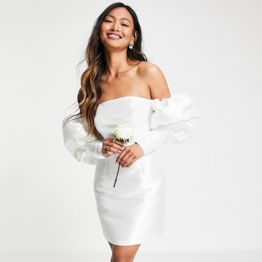 ASOS - puff sleeve off shoulder mini wedding dress